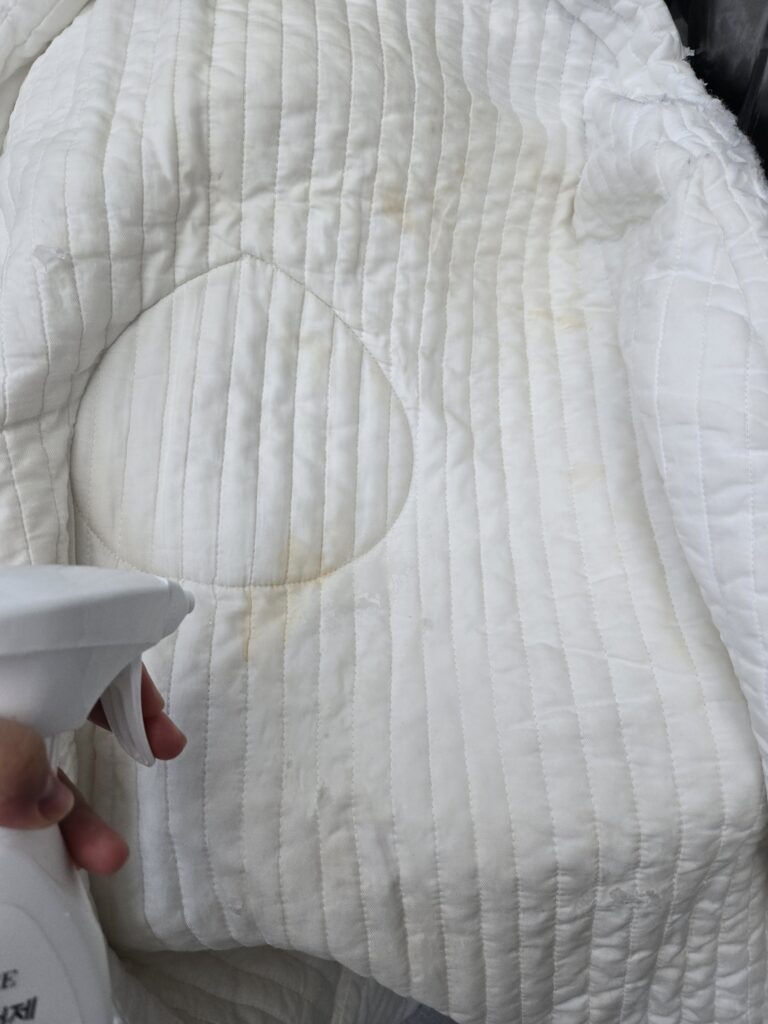어떤 얼룩 묻은 방석에 얼룩제거제를 사용하는 장면