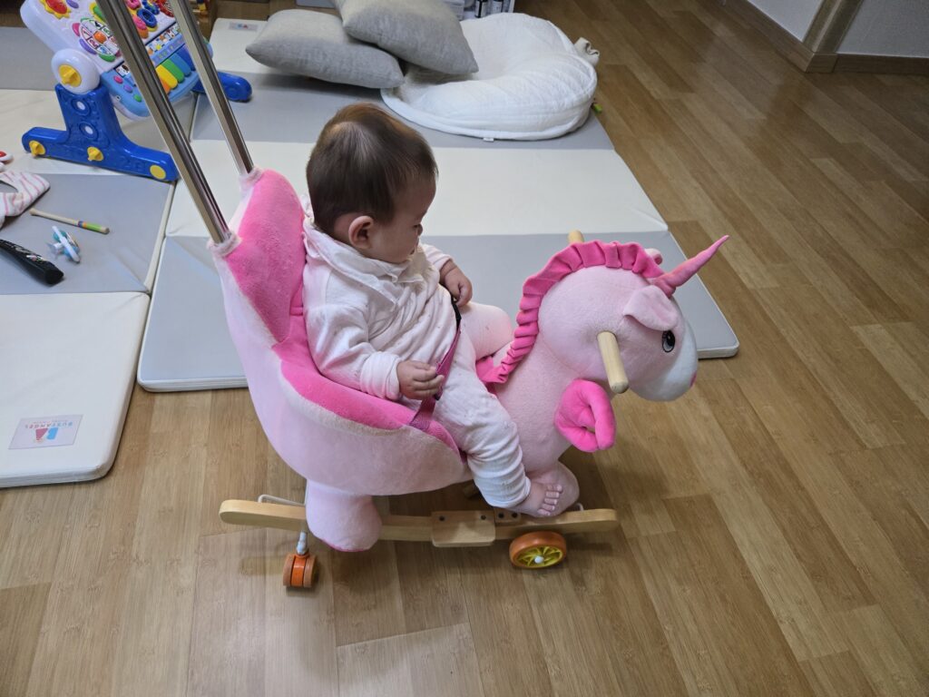 아기 흔들말 장난감 실내 놀이 모습